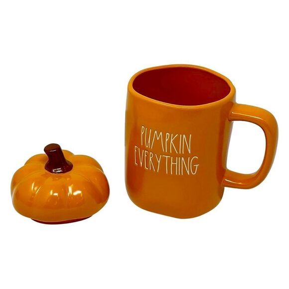 Rae Dunn PUMPKIN EVERYTHING Mug w/Pumpkin Topper Orange Halloween Ceramic NWT - Picture 1 of 4
